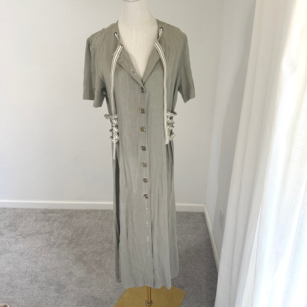 Vintage‎ Sage Ribbon Lace Up Button Front Maxi Dress Cottagecore Lagenlook